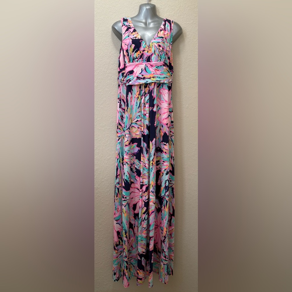 Lilly Pulitzer Sloane V-neck Maxi Dress In Bright Navy Al Fresco, Size XL